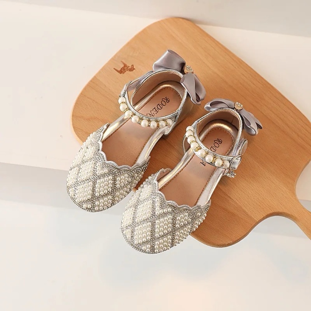 Girls Mary Jane Ballerina Flat Dress Shoes Pearl Rhinestone Glitter flats - Picture 7 of 10